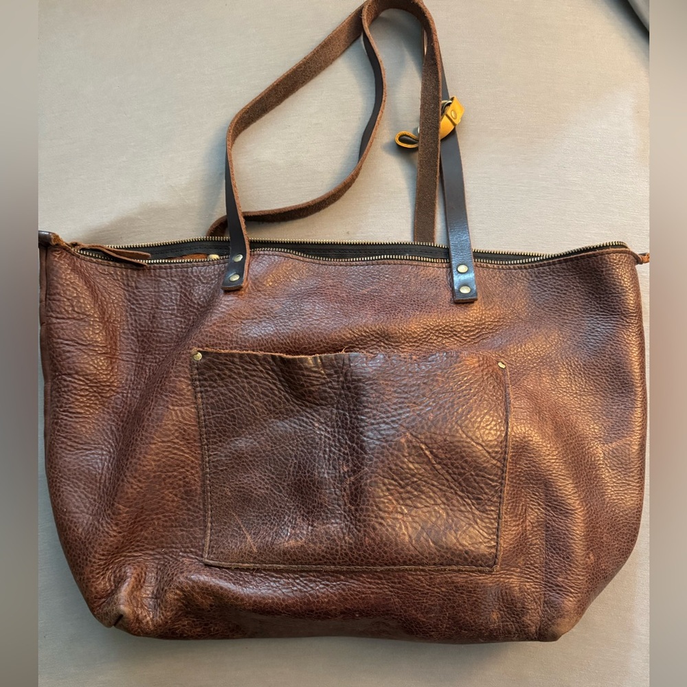 Portland Leather Oversize Leather Zip Top Tote Bag PLG Coldbrew brown
